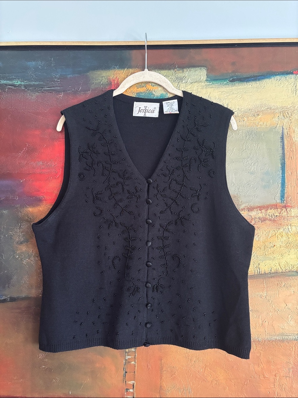 Vintage Beaded Button Up Knit Vest, Size L